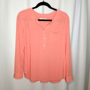 Loft Roll Tab Sleeve Blouse Chest Pocket Relaxed Rayon Top Btton Shirt Women Med